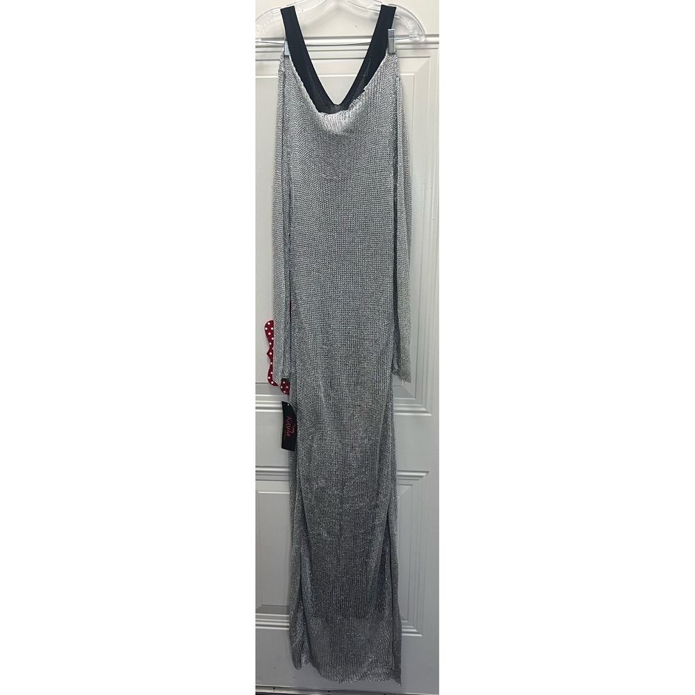Kavla Maxi Dress Silver Black Sequin Mesh Cutout Slits Style 5165 Size 16